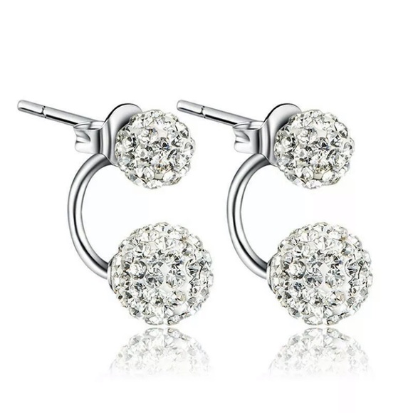 Silver Double Beaded Rhinestone Crystal Earrings - Picture 2 of 4